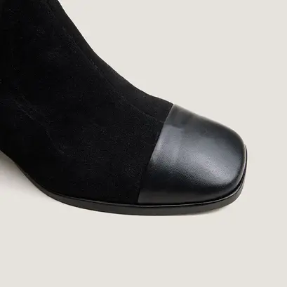 Heeled ankle boots with square toes in black leather and black split leather | almir