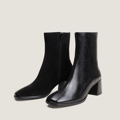 Heeled ankle boots in black leather and black split leather | vipo