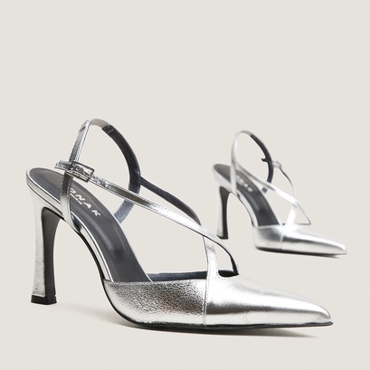 Pointed-toe high-heeled pumps in silver metallic leather and silver crackled leather | dautomne