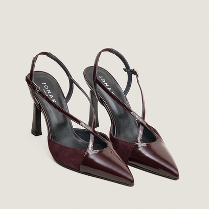 Pointed-toe high-heeled pumps in bordeaux patent and bordeaux suede | dautomne