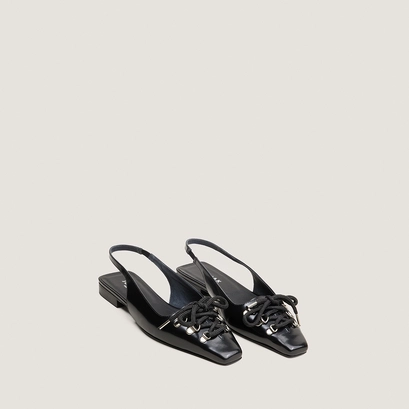 Lace-up slingback ballet flats in black glazed leather | dinou
