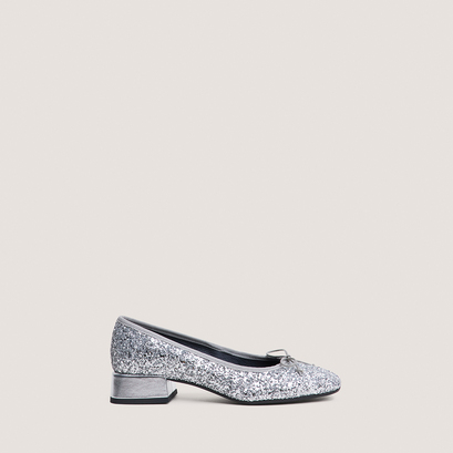 Round-toe ballet flats in silver glitter and silver mirror leather | dybil
