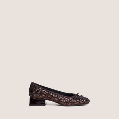 Round-toe ballet flats in brown glitter and dark brown patent | dybil