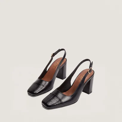 Heeled pumps in black croco-effect leather and black leather | destino