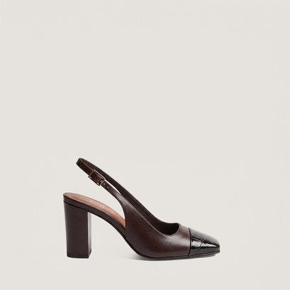 Pumps with square toes in brown leather and brown crocodile-effect leather | destino