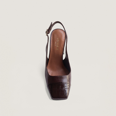Pumps with square toes in brown leather and brown crocodile-effect leather | destino