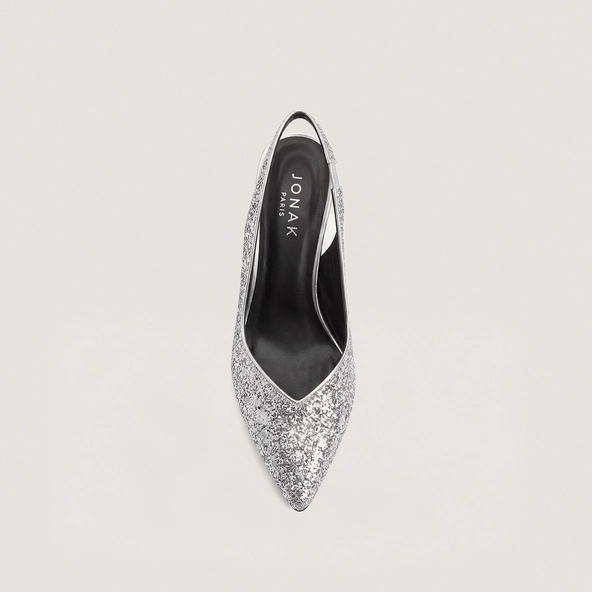 Pointed-toe slingback pumps in silver glitter | DILETTO