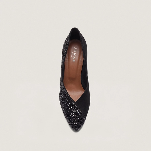 Pumps with pointed toes in black glitter and black suede | DULZURA