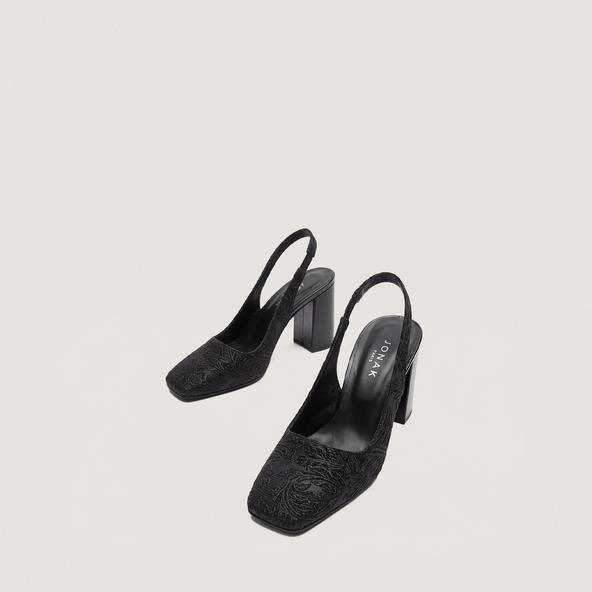 Square-Toe Heeled Pumps in black iridescent fabric and black synthetic | DACK