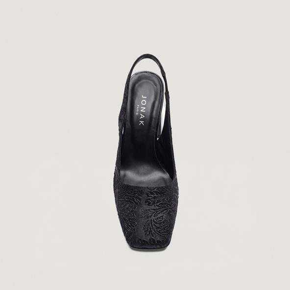 Square-Toe Heeled Pumps in black iridescent fabric and black synthetic | DACK