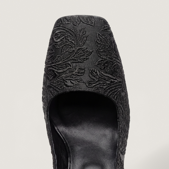 Square-Toe Heeled Pumps in black iridescent fabric and black synthetic | DACK