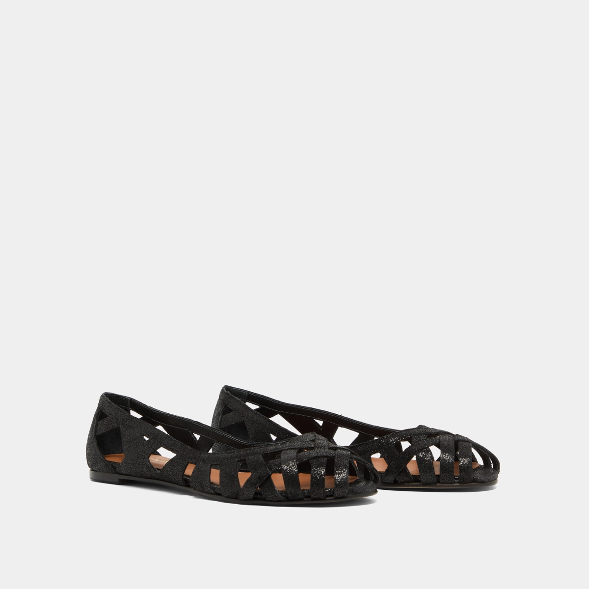 Cut-out ballet flats in black platinum laminated suede | DERAY