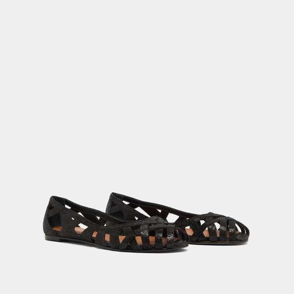 Cut-out ballet flats in black platinum laminated suede | DERAY
