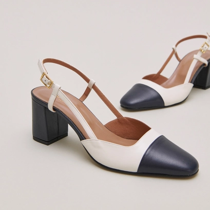 Mary Janes with heel in navy and ecru leather | DHAPOP