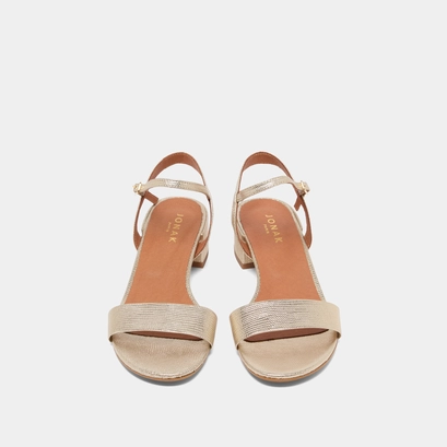 Sandales &agrave; talons carr&eacute;s in gold snakeskin-effect | via