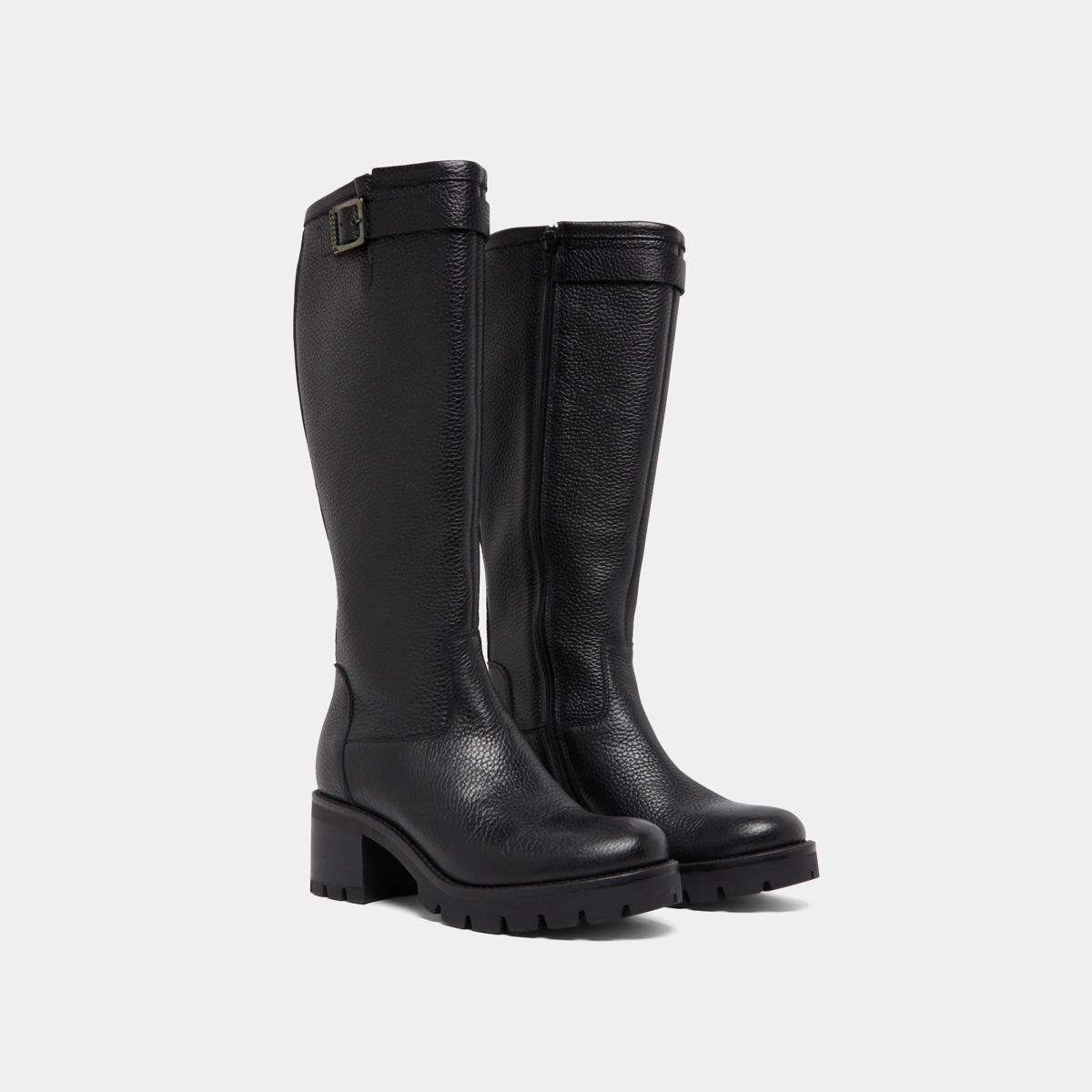 Bottes à semelles crantées et boucles in black grained leather | MIDAS