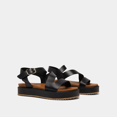 Sandales &agrave; plateformes et lani&egrave;res in black leather | isaure