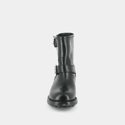 Boots &agrave; talons, semelles crant&eacute;es et d&eacute;tails boucles argent&eacute;es black glazed leather | divius