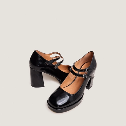 Babies with double straps and platform in black pleated patent | verite
