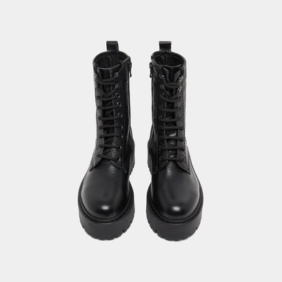 Platform boots with laces in black grained leather | robbo