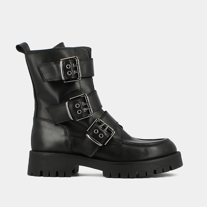Boots &agrave; semelles crant&eacute;es et sangles in black leather | runner