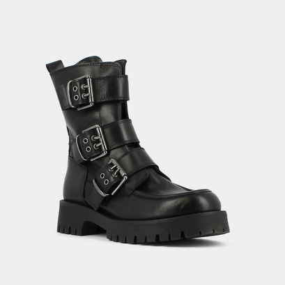 Boots &agrave; semelles crant&eacute;es et sangles in black leather | runner