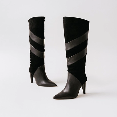 Bottes hautes &agrave; bouts pointus in black suede and leather | biaggio