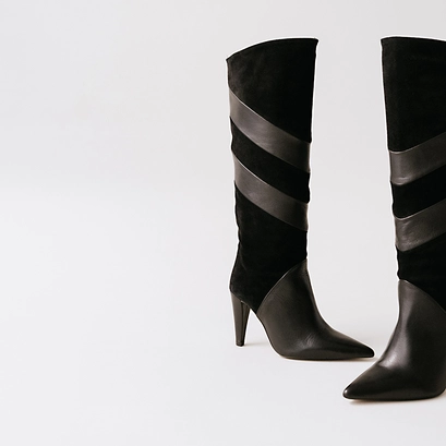 Bottes hautes &agrave; bouts pointus in black suede and leather | biaggio