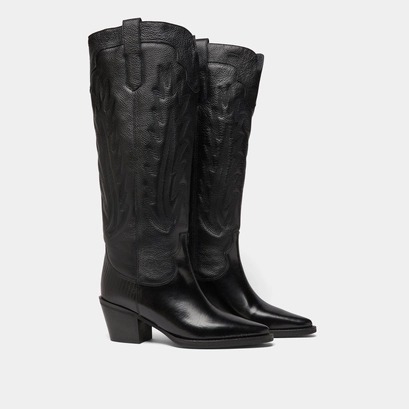Bottes &agrave; talons &eacute;pais et surpiqures apparentes in black grained leather | dilo