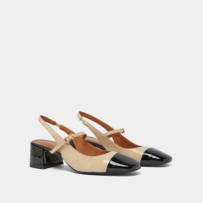 Heeled mary janes in black and ecru patent | doumy
