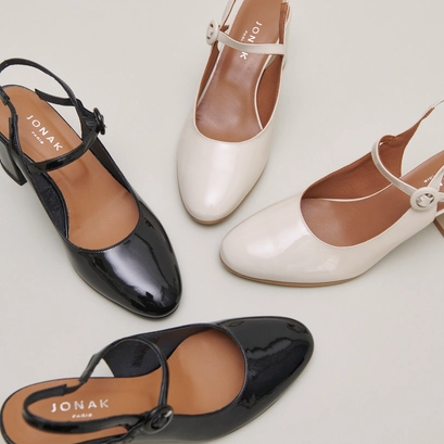 Babies &agrave; talons et bouts arri&egrave;res ouvertes in ecru patent | dollar