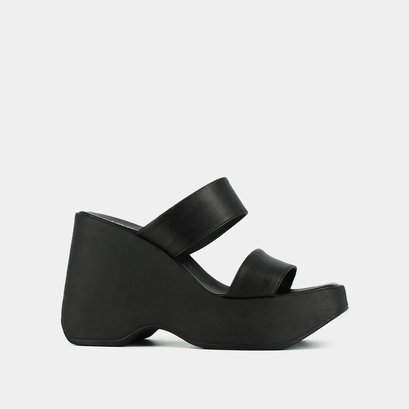 Mules compens&eacute;es &agrave; brides in black leather | priscilla