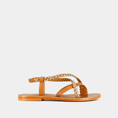 Sandales &agrave; brides tress&eacute;es in leather camel and gold | warren