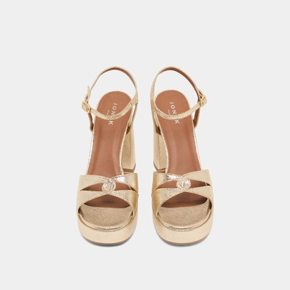 Platform sandals and high heels in platinum metallic textile | justine