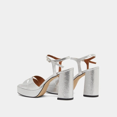 Platform sandals and high heels in silver metallic textile | JUSTINE