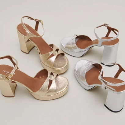 Platform sandals and high heels in silver metallic textile | JUSTINE