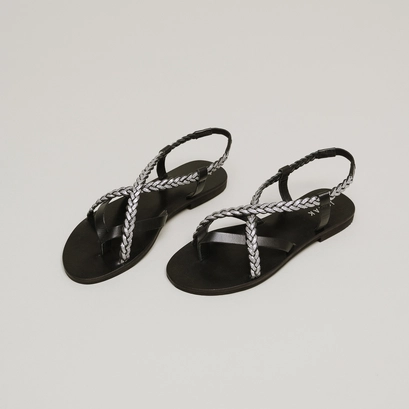 Nu-pieds &agrave; brides tress&eacute;es in black and silver leather | warren