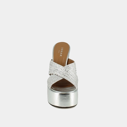 Mules &agrave; brides crois&eacute;es et plateformes in silver metallic raffia | jackie