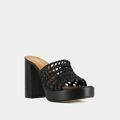 Mules ajour&eacute;es &agrave; plateformes in black raffia | juliette