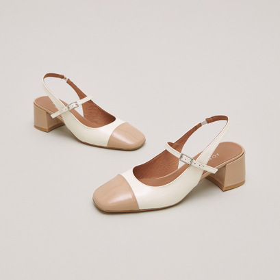 Heeled Mary Janes in beige and ecru patent | DOUMY