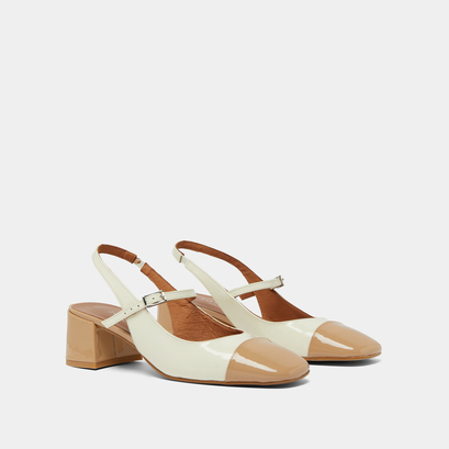 Heeled Mary Janes in beige and ecru patent | DOUMY