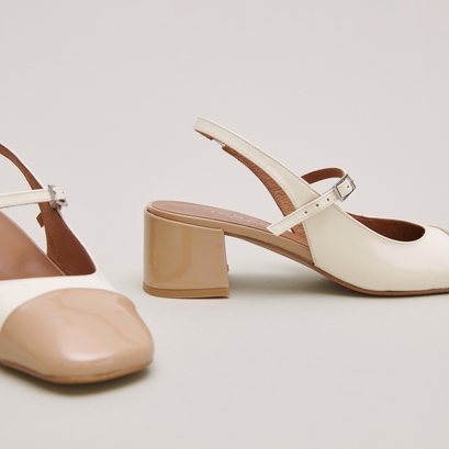 Heeled Mary Janes in beige and ecru patent | DOUMY