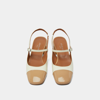 Heeled Mary Janes in beige and ecru patent | DOUMY