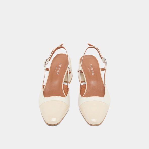 Babies with open heels in ecru leather and patent | DHAPOPY