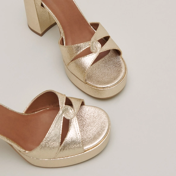 Platform sandals and high heels in platinum metallic textile | JUSTINE