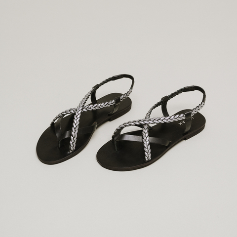 Nu-pieds &agrave; brides tress&eacute;es black/silver