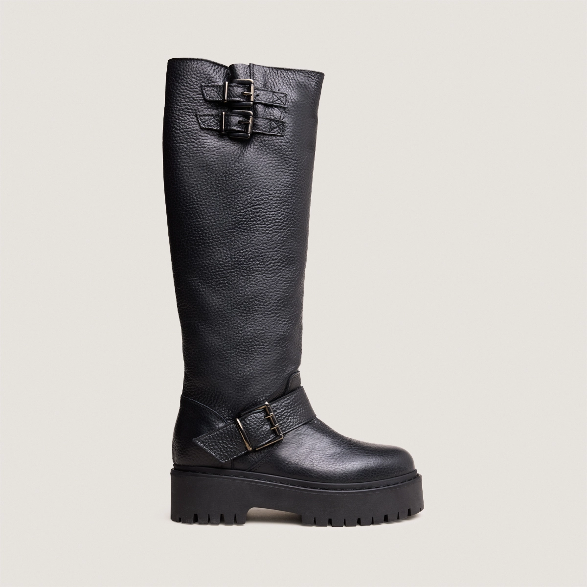 Chunky Strap Boots with Treaded Soles in black grained leather | REINE