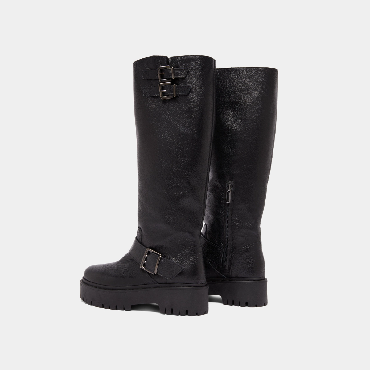 Chunky Strap Boots with Treaded Soles in black grained leather | REINE
