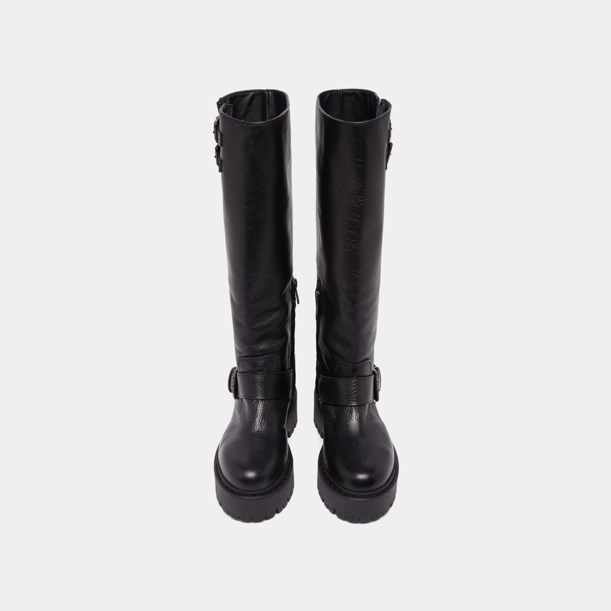 Chunky Strap Boots with Treaded Soles in black grained leather | REINE