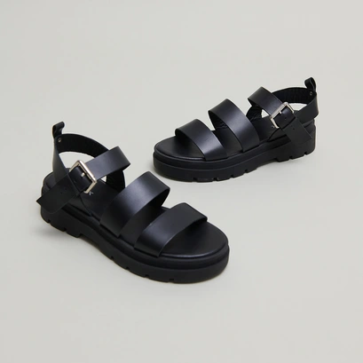 Sandales &agrave; plateformes et boucles in black leather | priame